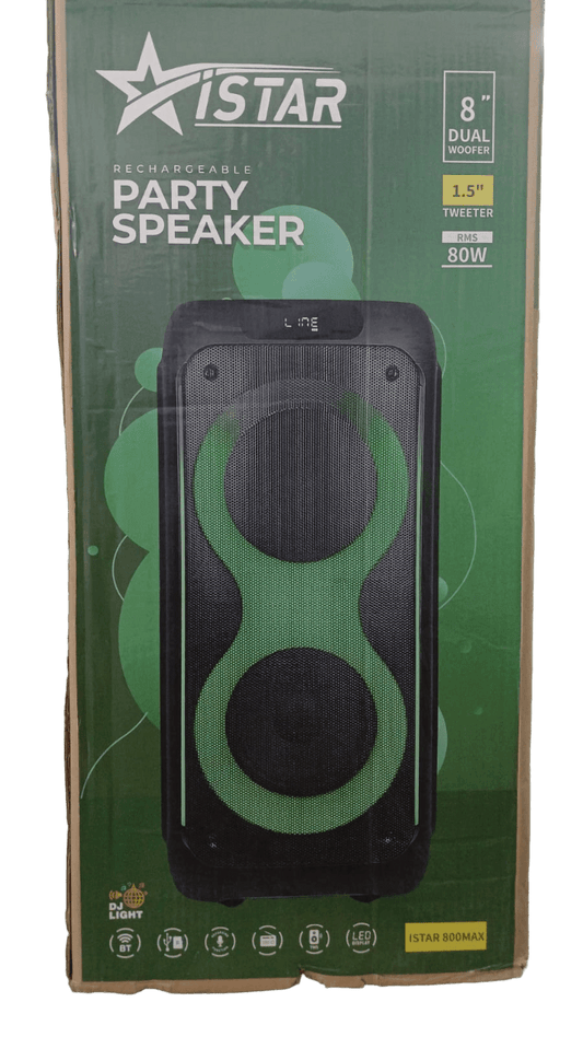 ISTAR Wireless Rechargeable Party Speaker 80W + 8" Dual Woofer