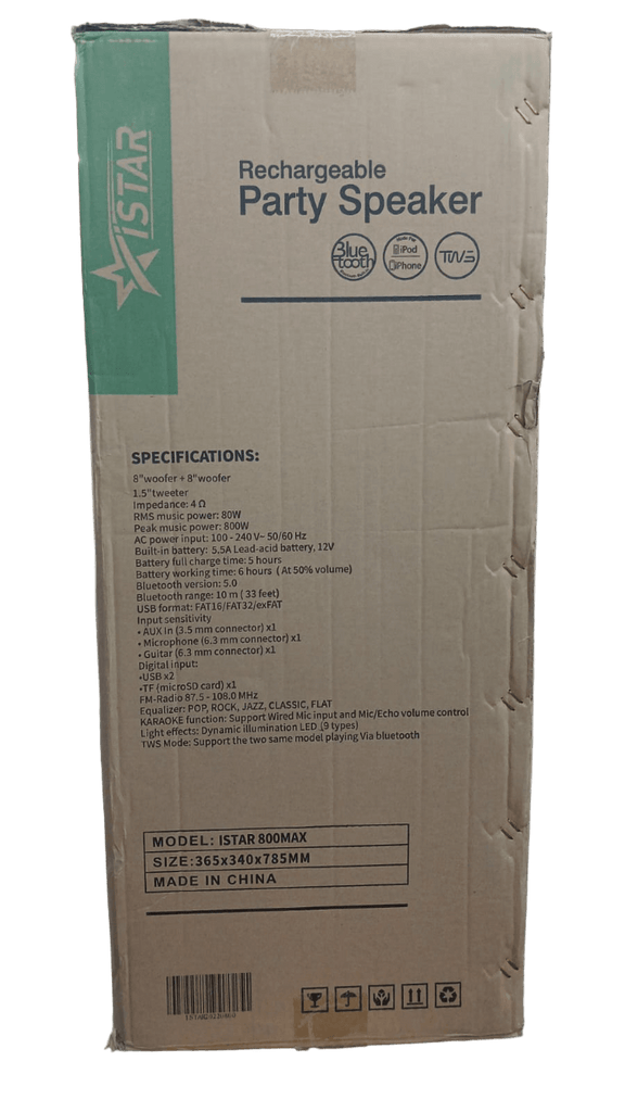 ISTAR Wireless Rechargeable Party Speaker 80W + 8" Dual Woofer