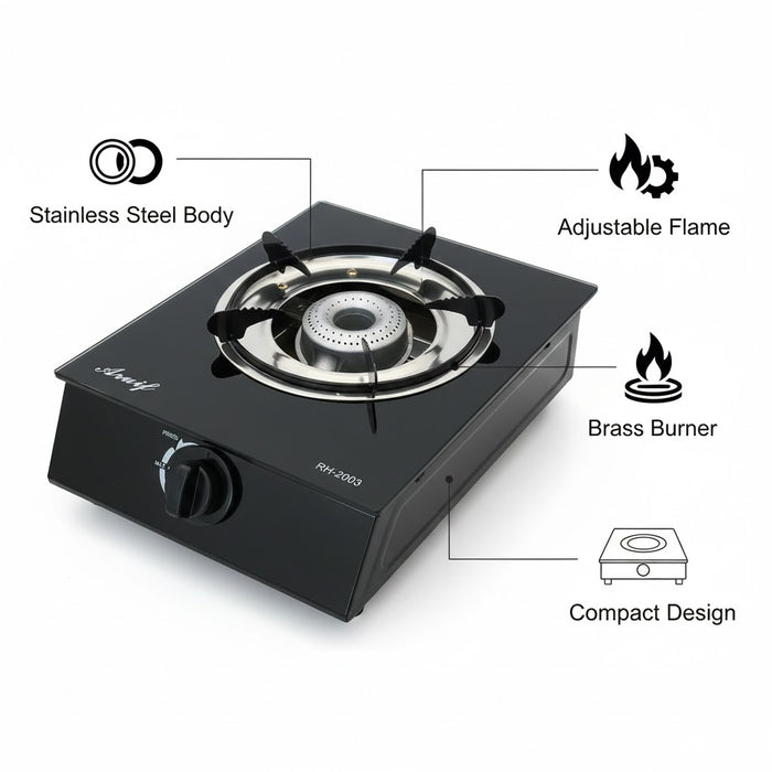 Aruif Single Burner Tempered Glass Gas Stove – RH-2003 High-Efficiency Cooker
