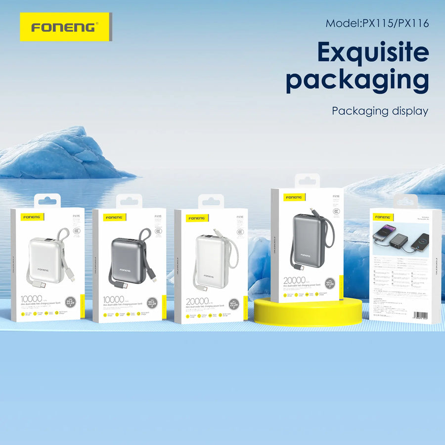 FONENG PX116 20000mAh 22.5W Power Bank with Built-In Cables