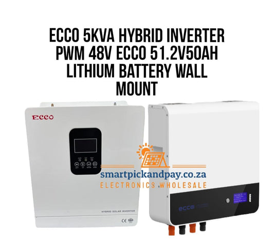 ECCO Hybrid Inverter 48V 5KVA 5000W PWM - PURE SINE WAVE and Ecco 51.2V50Ah Lithium Battery Wall Mount