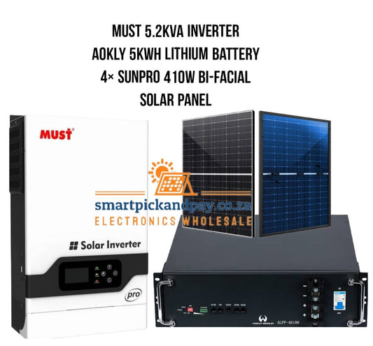 Must 5.2kva Inverter Aokly 5kwh LIthium Battery 4 x SunPro 410W BI-Facial Solar Panel
